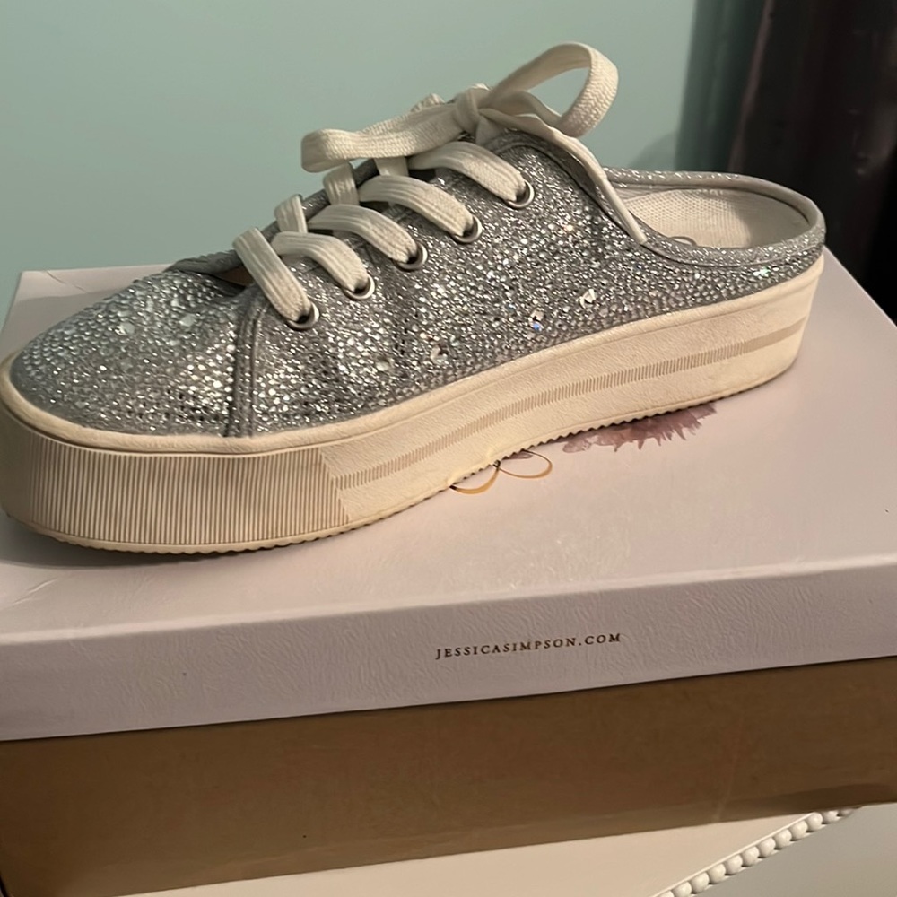 Jessica Simpson silver rhinestone embellished slip on sneakers. Size 8.5
